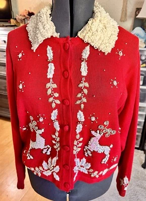 Petite Sz XLVictoria Jones Christmas Jumper Cardigan Sequins Beading Sparkly Red - Image 1 of 4