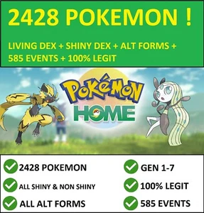 Pokémon HOME 2428 TOTAL POKEMON Shiny + Non-Shiny + Alt Forms + 585 Events - Imagen 1 de 1