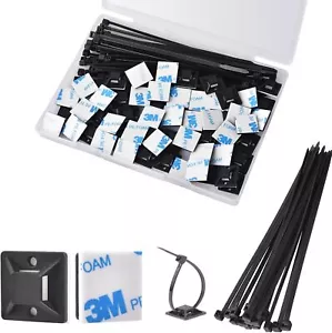 Strong Back-Glue Self Adhesive Cable Zip Tie Mounts Kit - 100 Set Cable - Picture 1 of 7