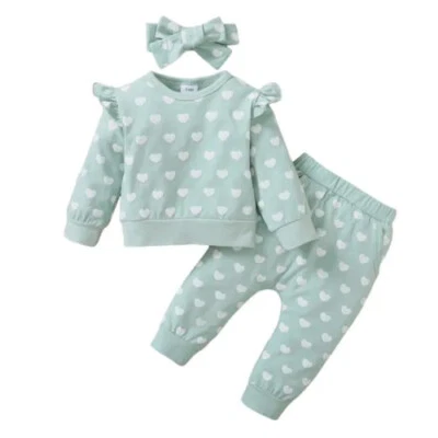 Infant Kids Baby Girl Clothes Heart Long Sleeve Tops Pants Newborn Outfits Set - Image 1 of 4