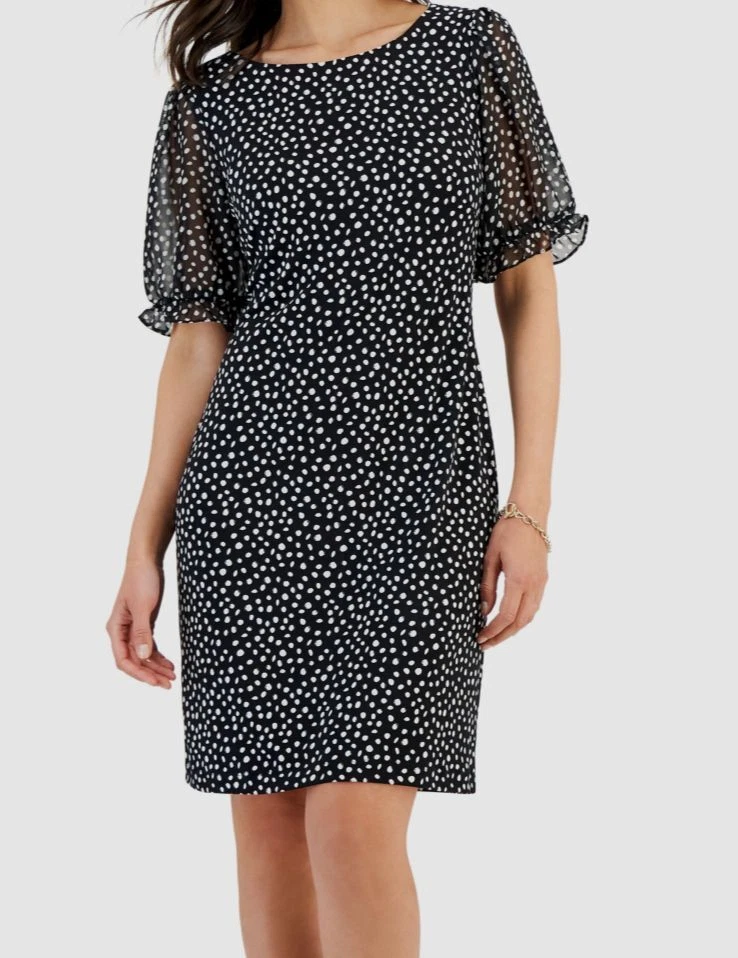 Connected Puff-Sheer-Sleeve Sheath Dress Women's 8 Black/White Round Neck S/S