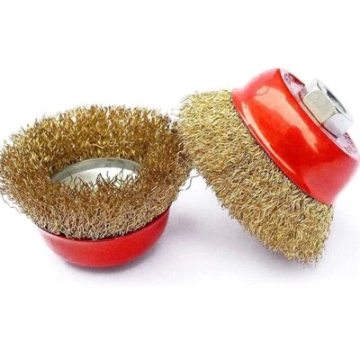 WHL CRIMPED ROTARY BRASS WIRE CUP BRUSH 85MM HEAD Angle Grinder M14 Thread Pair NEW