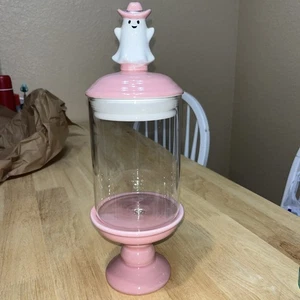 Spinnweben und Kessel Halloween rosa Cowgirl Geist Glas Bonbonglas auf Sockel - Bild 1 von 6