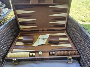 Vintage Backgammon Leatherette 18 x 11 Large Set Complete Brown White Pre Owned - Afbeelding 1 van 16