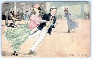 PAREJA DE PATINAJE SOBRE RUEDAS 1907 DISPUESTA A APRENDER R. HILL POSTAL ANTIGUA - Imagen 1 de 2