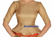 Readymade Saree Blouse,Designer Sari Blouse,Gold Brocad Long Top,Stitched Blouse