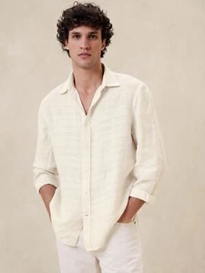 BANANA REPUBLIC Standard Fit Linen Shirt NWT - LARGE Ecru/Tan Stripe #871284 - Picture 1 of 6