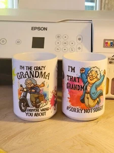 15oz White Ceramic Coffee Mug Set Of 2 Styles (I'm The Crazy Grandma & I'm That - Picture 1 of 7