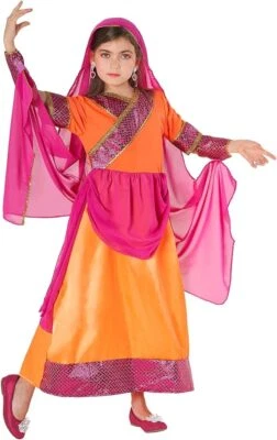Girls Bollywood Sari Costume  + Veil Kids Indian Belly Dancer Saree Fancy Dress - Image 1 of 4