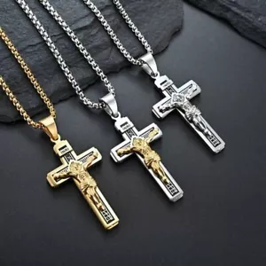Herren Titan Gold Kreuz katholisches Kruzifix Anhänger Halskette drei Farben 24 Zoll Kette - Bild 1 von 24