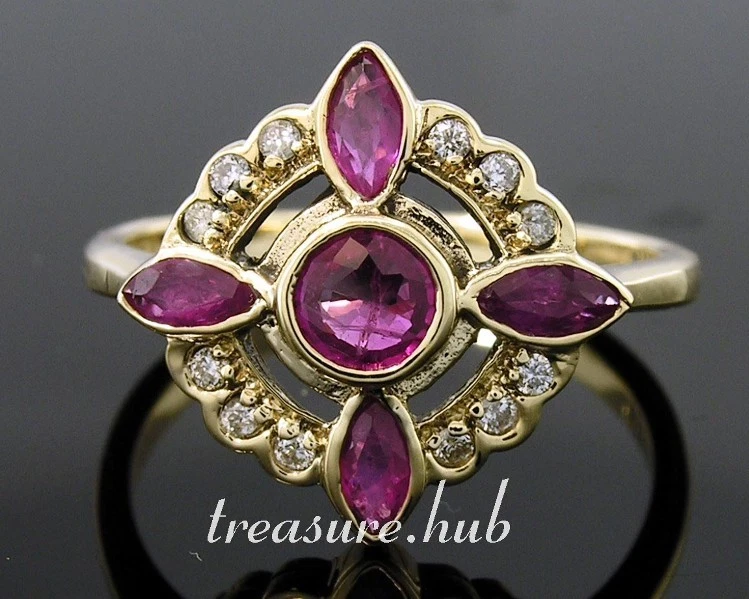 C458 Elegant Genuine 9ct Yellow Gold NATURAL Ruby & Diamond Windmill Ring size P - Image 1 of 4