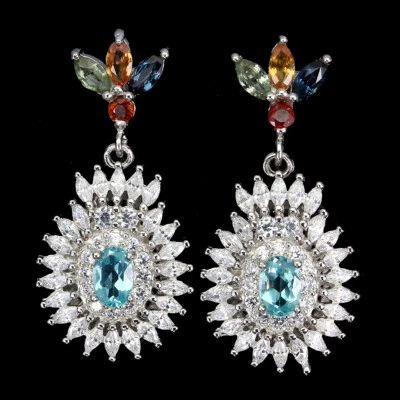 925纯银耳环Apatite伦敦蓝色黄玉蓝宝石宝石珠宝首饰 — 第 1/4 张图片