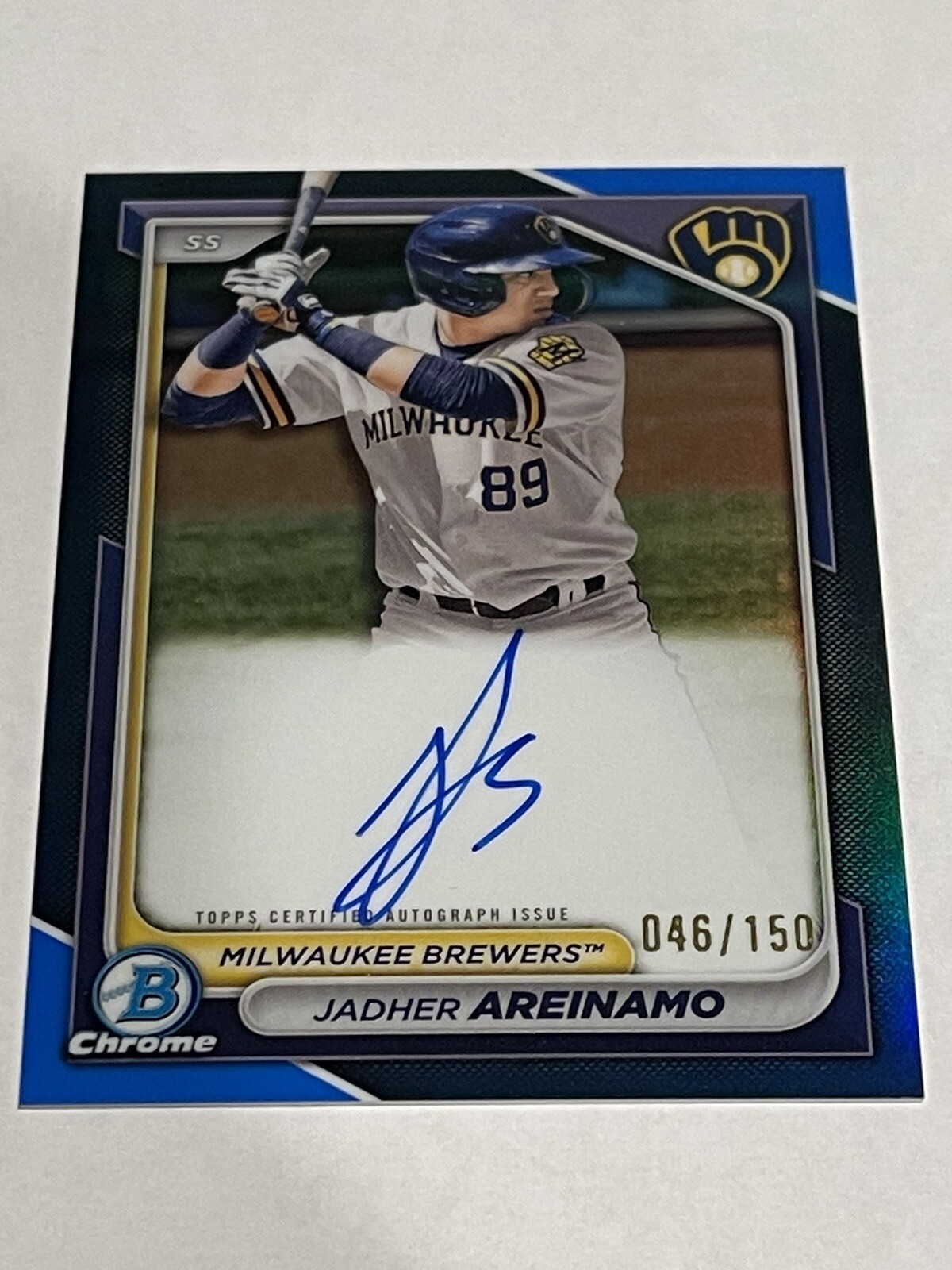 2024 Bowman Chrome Jadher Areinamo #CPA-JA Blue Refractor Auto /150 Brewers