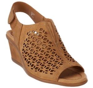 Earth Leather Wedge Sandals with Cut-Out Details - Cascade (Camel) size 6.5 - Picture 1 of 6
