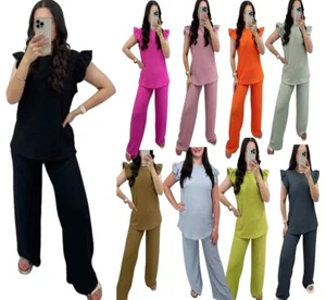 Womens Pop Corn Frill Sleeve Top Trousers Ladies 2PCS Co Ord Summer Tracksuit - Picture 1 of 17