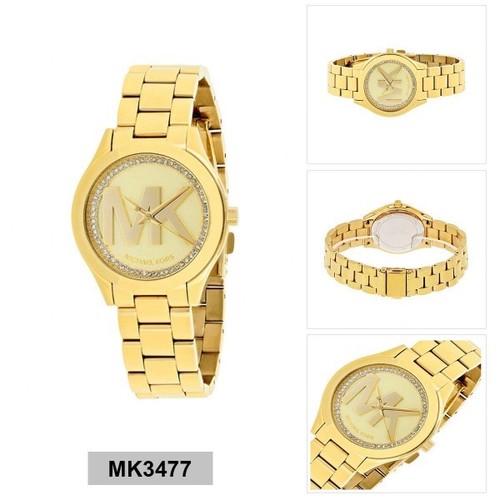 NUOVO OROLOGIO MICHAEL KORS RUNWAY TONO ORO LOGO MK CRISTALLI QUADRANTE BRACCIALE MK3477