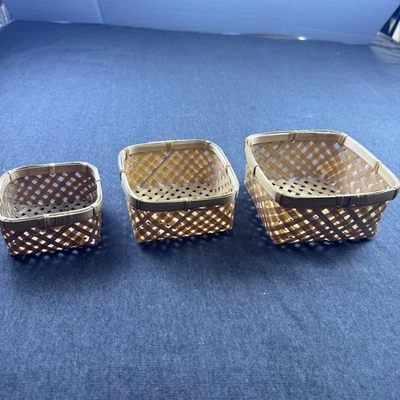 Woven Bamboo Baskets Set of 3 Small Square Trinket Organizer Storage - Image 1 of 4