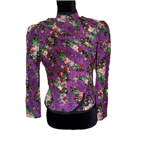 Vtg Richard Warren Saks Silk Peplum Blouse Womens 6 Purple Floral Pleated - Picture 1 of 15