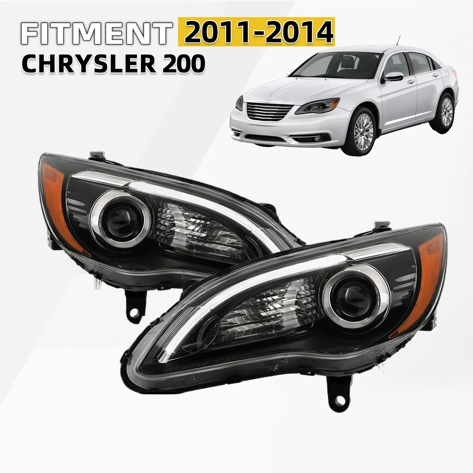 Pair Left+Right Headlights For 2011-2014 Chrysler 200 w/ LED DRL Black Projector - Image 1 of 2