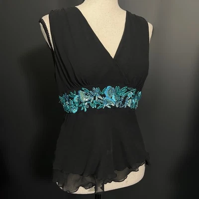 Vintage Y2k Karen Kane Silk Fairy Top Black Sequin Whimsigoth Sleeveless 10 - Image 1 of 4