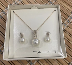 Fabulous Tahari Gold Tone Faux Pearl Pendant & Pierced Earring Set - Picture 1 of 6