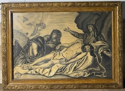 Antiguo Dibujo Europeo Carbón Virgen Apoyando al Cristo Muerto Firmado  Foto 1 de 4