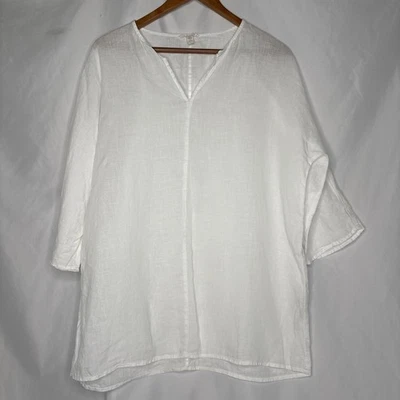 Túnica Eileen Fisher feminina XS branca orgânica lenço linho gola dividida - Imagem 1 de 4