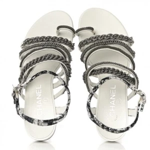CHANEL Tweed Chain Flat Sandals - Picture 1 of 4