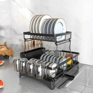 Kitchen Steel Over Sink Dish Drying Rack with Cutlery Holder Drainer Organizer - Picture 1 of 12