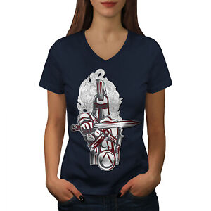 Wellcoda Knight Spartan Fantasy Damska koszulka z dekoltem w serek, Rise Graphic Design Koszulka