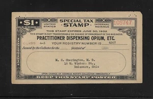 US Revenues; Special Tax Stamp; Practitioner Dispensing Opium, Etc.; FYE 1932 - Picture 1 of 2