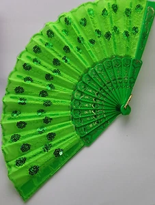 Gold & Green Large Lace Floral Folding Hand Held Plastic Chinese Fan - Picture 1 of 9