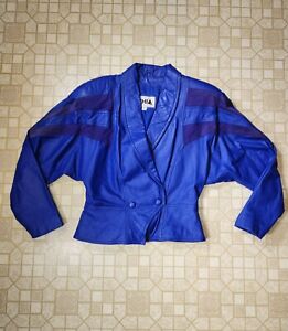 Women's Vintage 80s Chia Blue leather Blue jacket Size Medium 