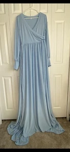 Maxi Dress High Slit Faux Wrap Long Balloon Sleeve Baby Blue Wedding L- Flaw - Picture 1 of 7