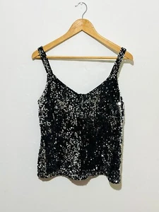 Ladies Next Party Top UK 12 Size Petite Black With Silver Sequins - Picture 1 of 4