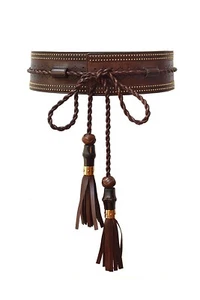 GUCCI Brown Goldtone Stud Leather Bamboo Tassel Belt Wraparound Boho Sz 80-32 - Picture 1 of 7