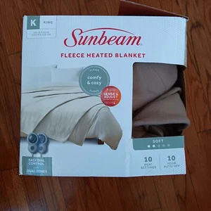Sunbeam King Fleece Electric Heated Blanket 10 Settings Beige New Open Box - Picture 1 of 4