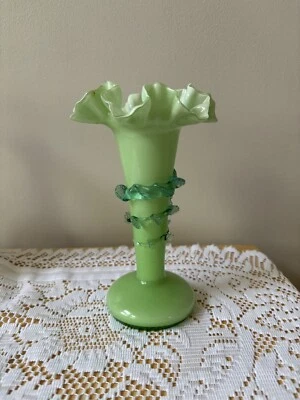 Vintage Czech Glass Green Glass Vase 8-1/2”H Ruffled Edge Snake Embellishment - Image 1 of 4