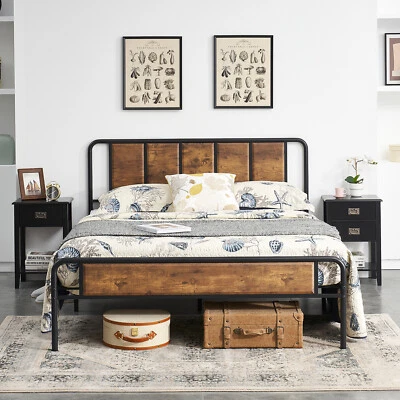 Queen Size Heavy Duty Metal Bed Frame w/Wooden Headboard Footboard Easy Assembly — 第 1/4 张图片