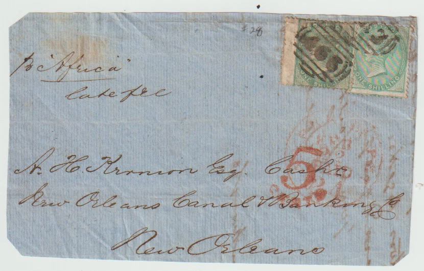 Great Britain Scott 28 Pair Folded Letter Front t New Orleans Packet Boat Africa - Image 1 of 1