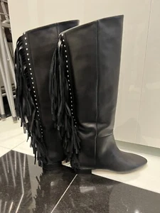 Yves Saint Laurent Dana Fringe Black YSL Boots Flat Size 37. 5 New Auth $1890 - Picture 1 of 13