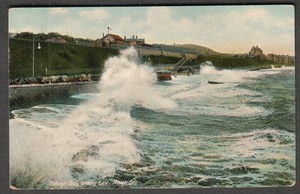 1909 post card Colwyn bay looking East Rough Sea to Miss Scarles London