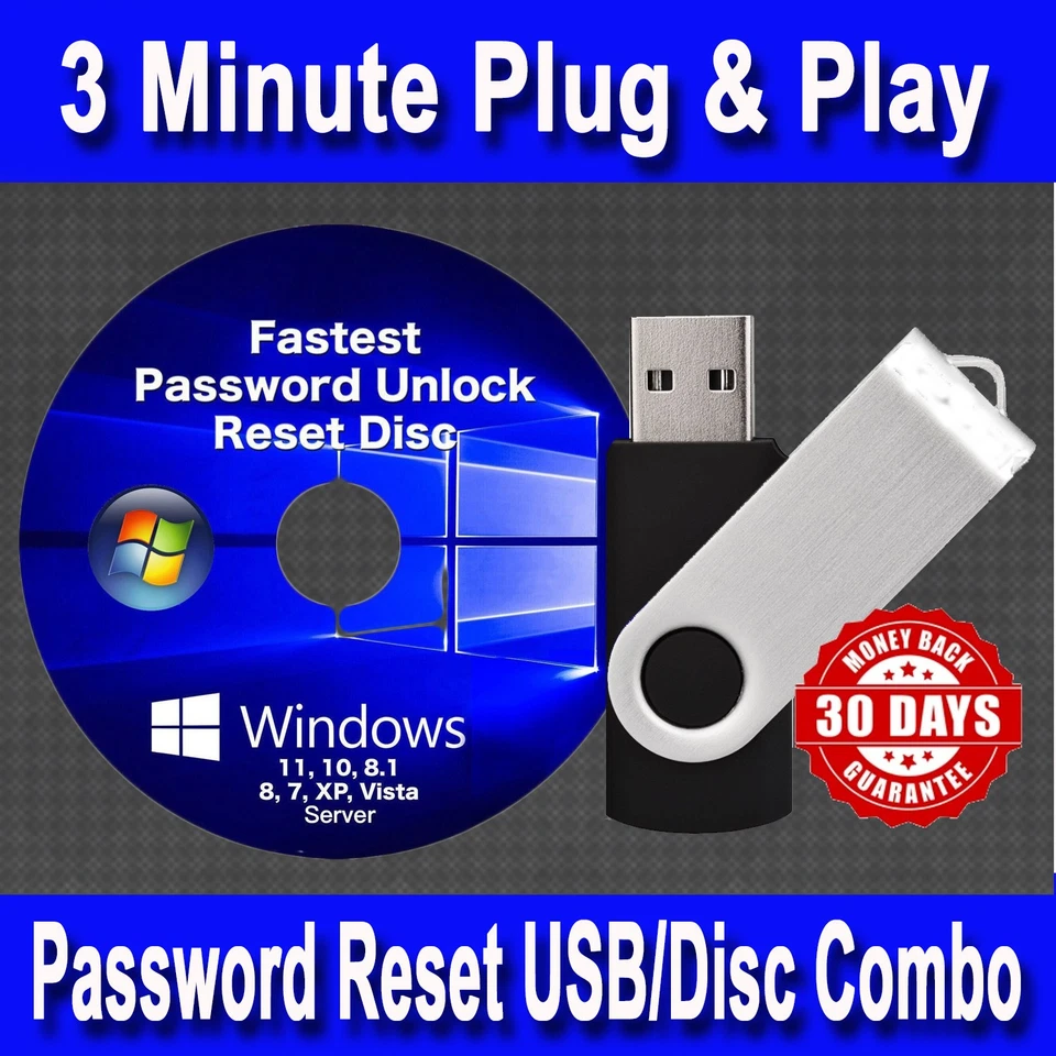 2025 Windows Password Reset USB + Disc Combo Win 11, 10, 8.1, 8, 7, XP, Vista - Image 1 of 2