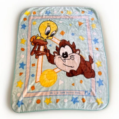 LOONEY TUNES Baby Toddler Soft BLANKET RARE Tweety Bird Taz 1998 VINTAGE Warner - Image 1 of 4