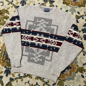 Vintage Pendleton High Grade Western Virgin Wool Crew Neck Sweater Grey Large - Picture 1 of 8