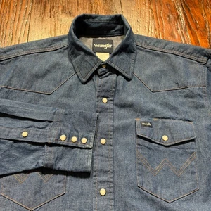 Camicia Wrangler Uomo Grande Blu Denim Perla Snap Western Rodeo Bottoni Lavoro - Foto 1 di 9