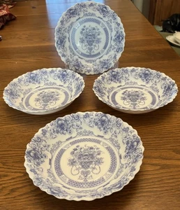 4 Arcopal France HONORINE Coupe Soup Bowls 7 1/8" Blue & White MINT! - Picture 1 of 5