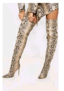 Botas para mujer Anne Michelle hasta el muslo elásticas punta puntiaguda piel de serpiente talla 10 - Imagen 1 de 12