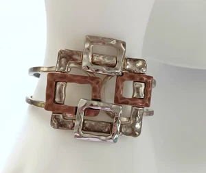 Brutalist Deco Style Metal Silver and Copper Tone Hinged Bracelet - Picture 1 of 6