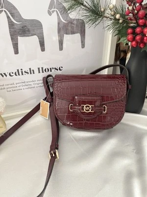 Michael Kors Reed Croc-Embossed Design Small Saddle Crossbody Bag (Oxblood) - Image 1 of 4